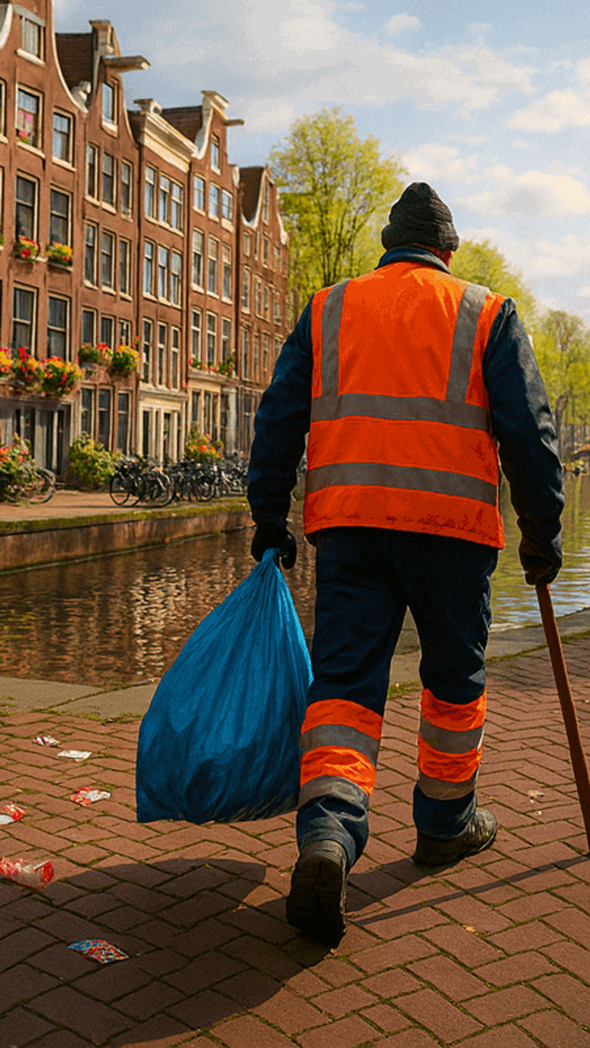 Stadsreiniger in oranje reflecterende kleding loopt met een afvalzak en prikstok langs een gracht in Amsterdam, omgeven door fietsen, bloemen en grachtenpanden.