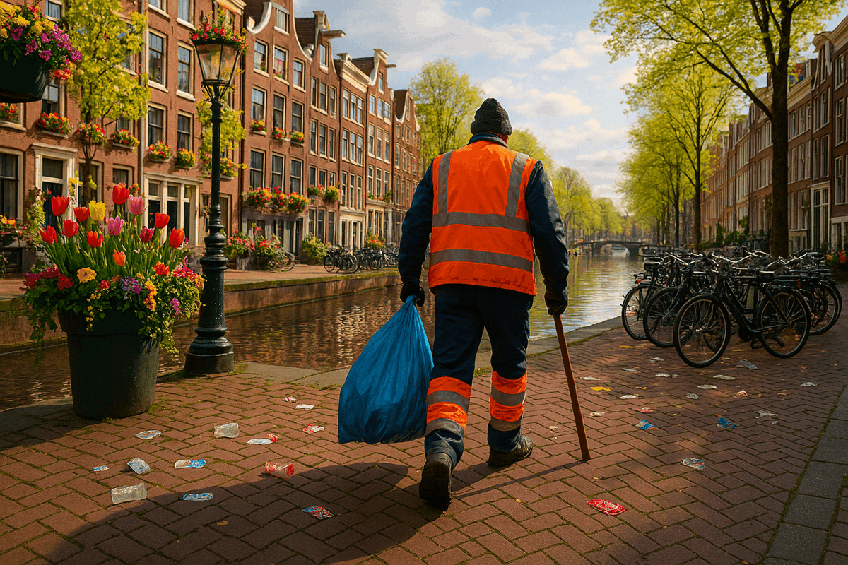 Stadsreiniger in oranje reflecterende kleding loopt met een afvalzak en prikstok langs een gracht in Amsterdam, omgeven door fietsen, bloemen en grachtenpanden.