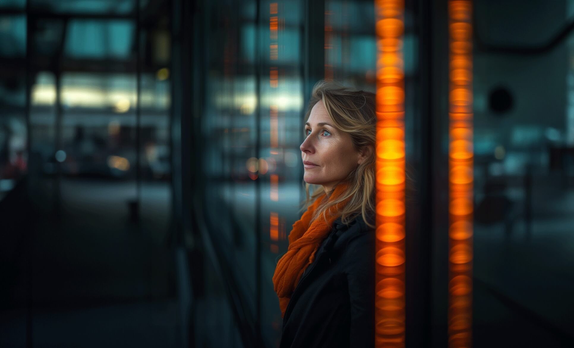 Woman in front of office