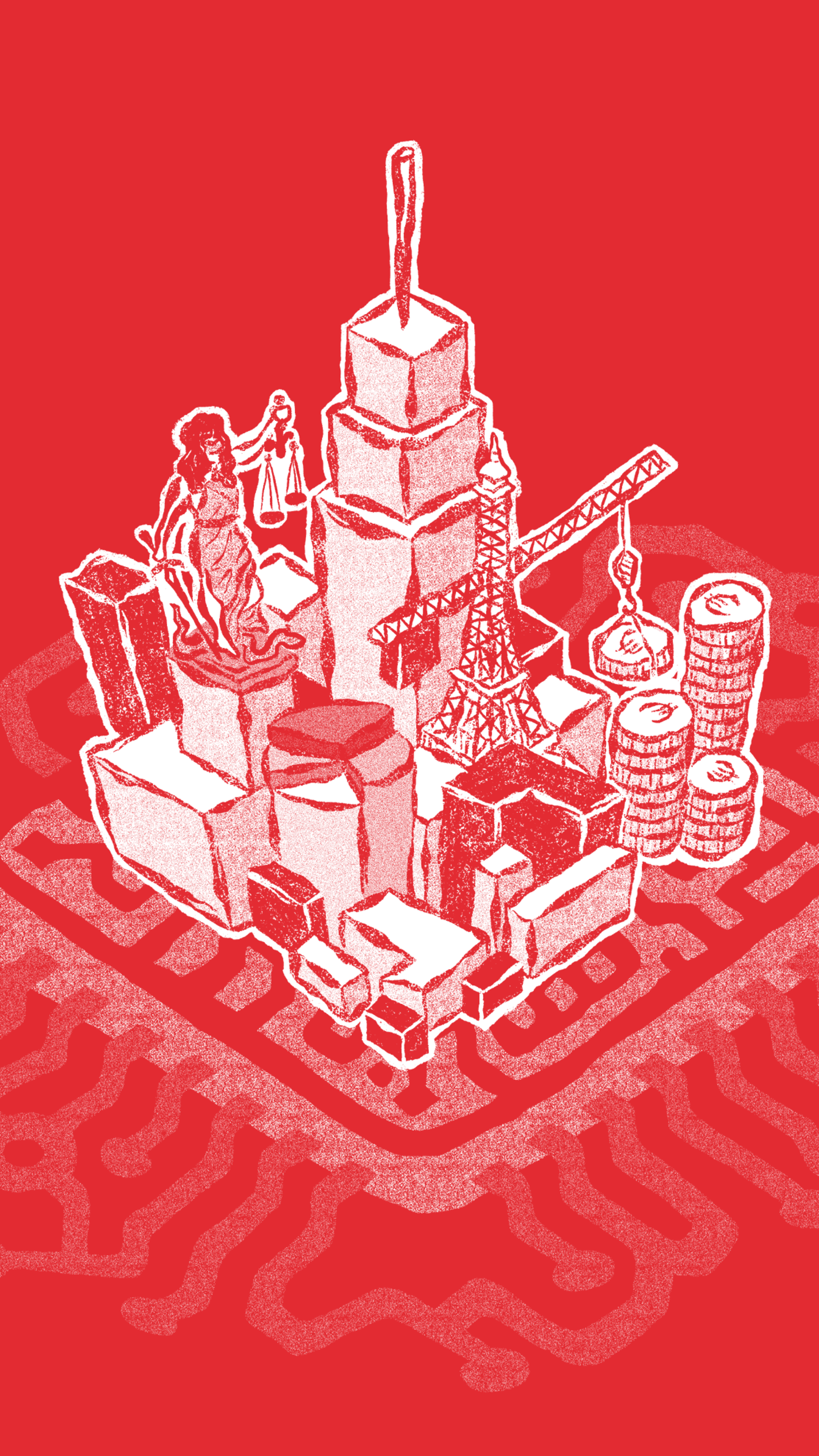 Een complexe illustratie met gebouwen, kraan, geld en Vrouwe Justitia