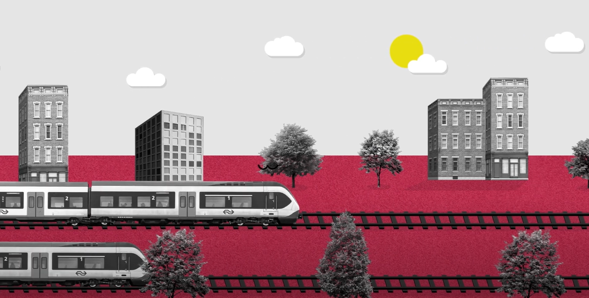 Een illustratie van 2 treinen die over het spoor rijden omringd door bomen en erachter 4 huizen