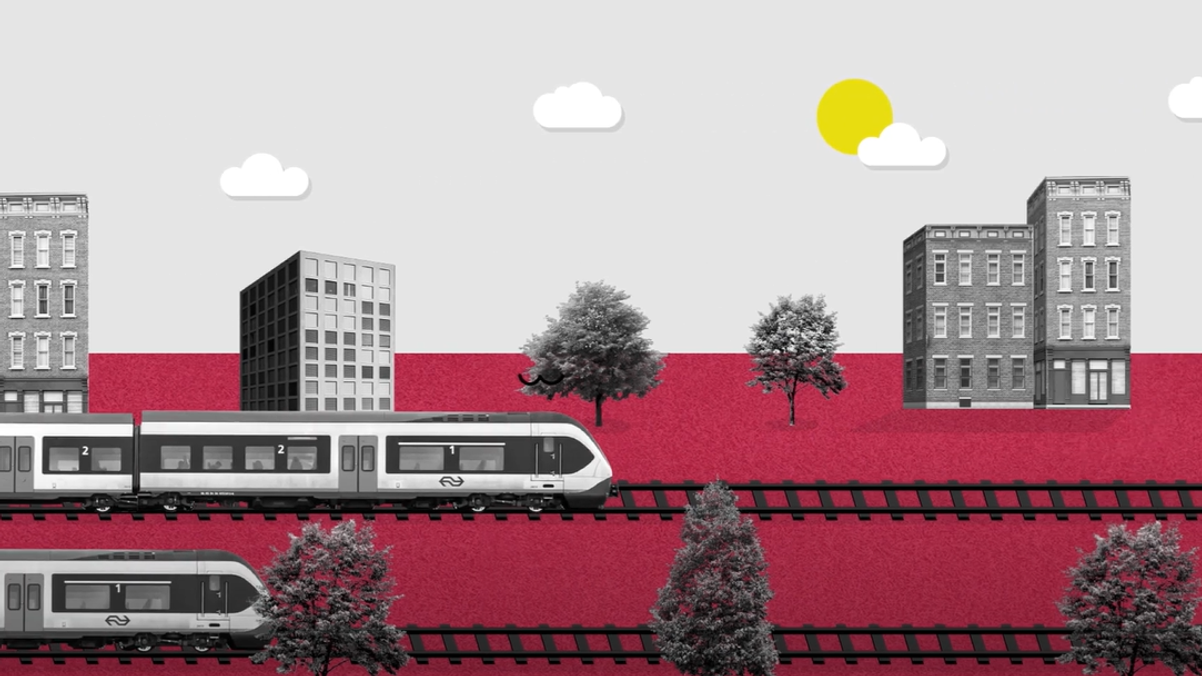 Een illustratie van 2 treinen die over het spoor rijden omringd door bomen en erachter 4 huizen