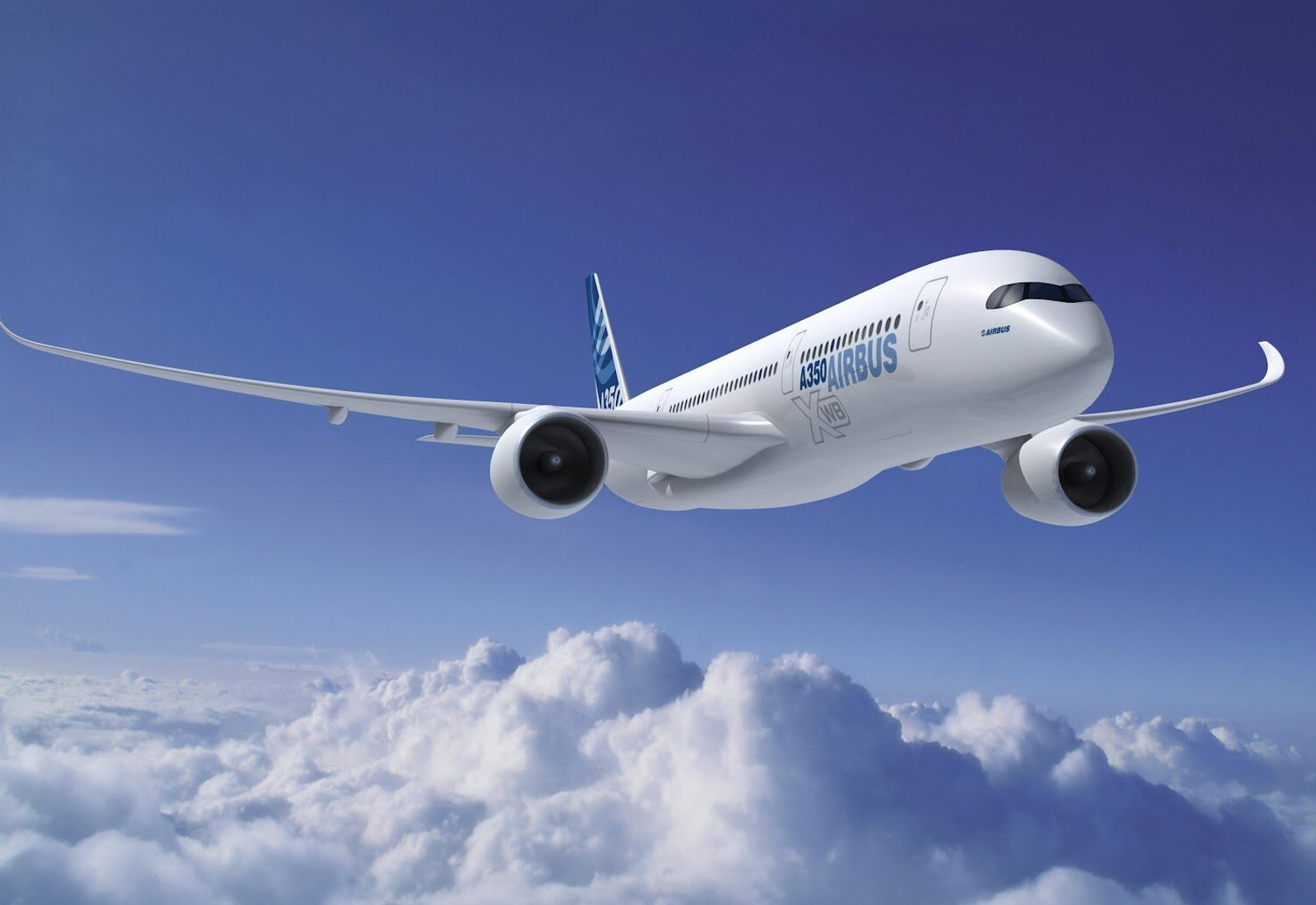 Een A350 Airbus boven de wolken