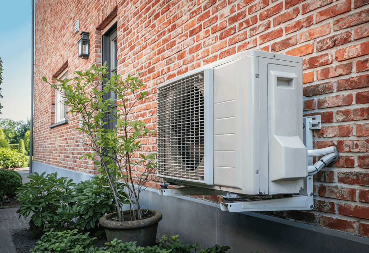 Warmtepompunit aan de buitenmuur van een huis met rode bakstenen, omgeven door groene planten en een tuinpad.