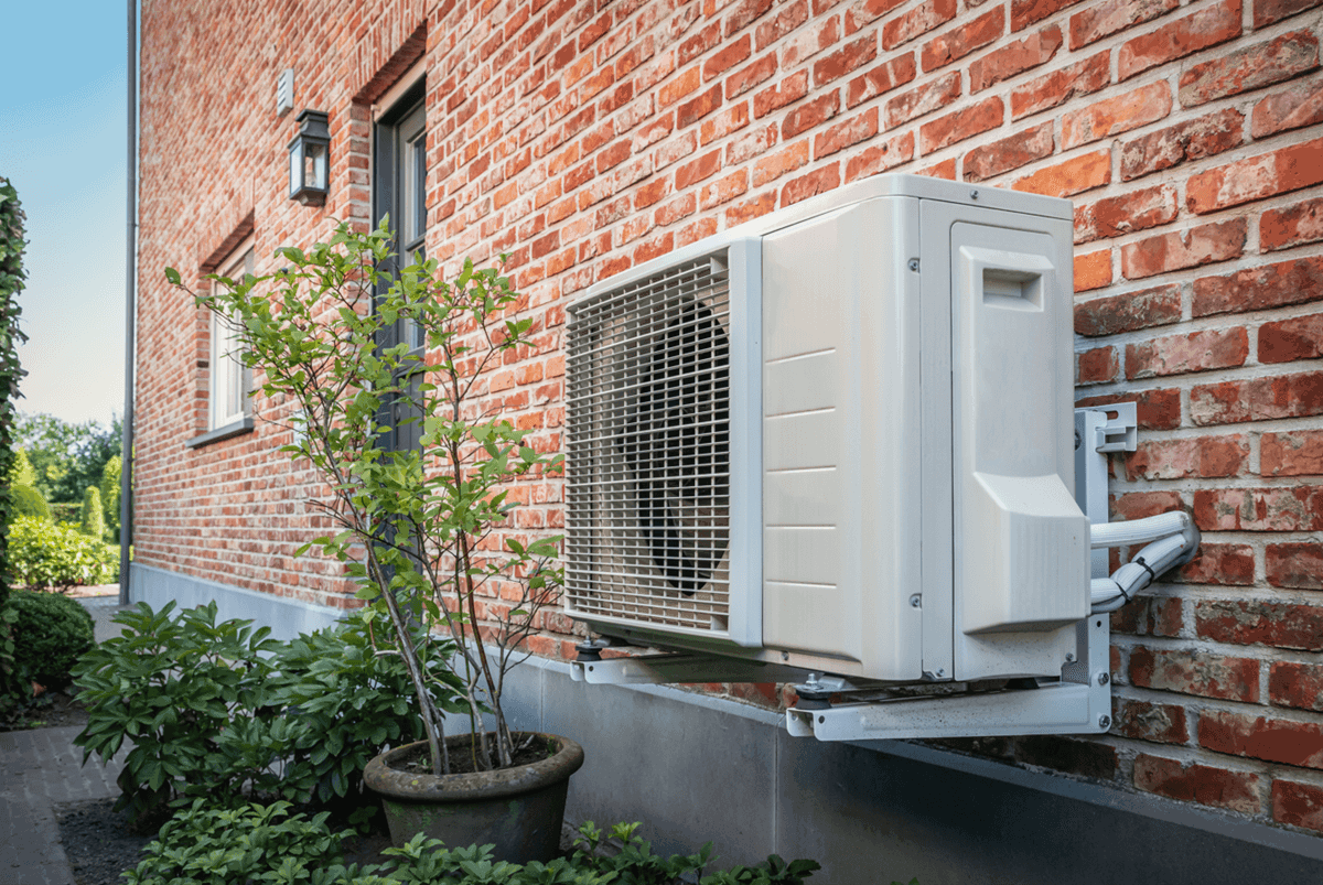 Warmtepompunit aan de buitenmuur van een huis met rode bakstenen, omgeven door groene planten en een tuinpad.