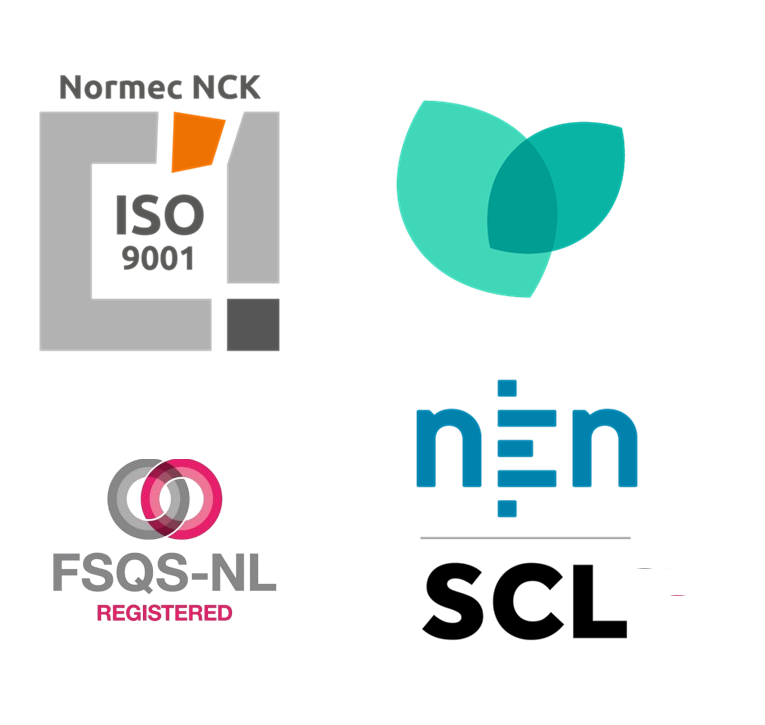 Certificeringen logo's ISO, CO2 Prestatieladder, NEN en FSQS-NL