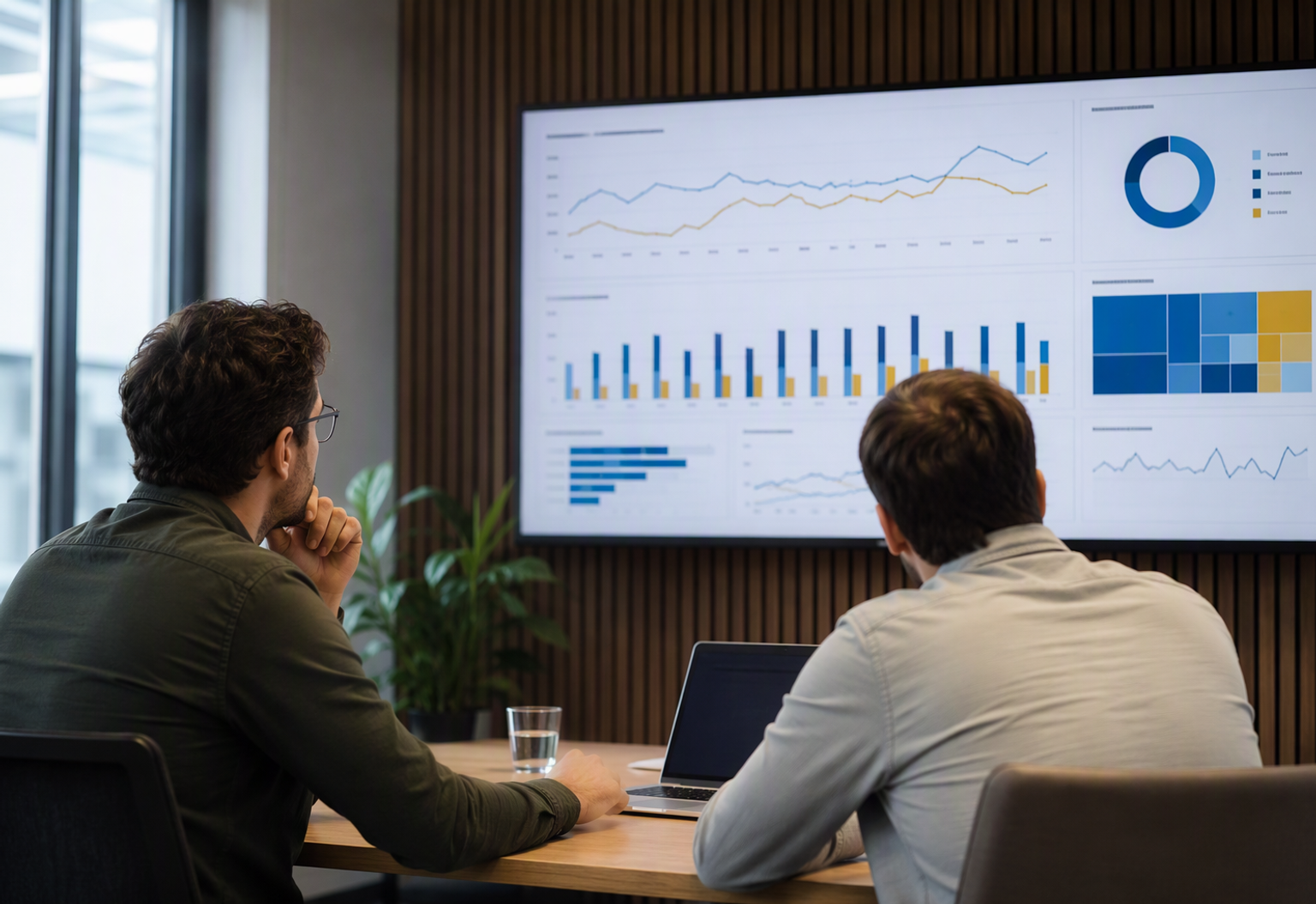 Twee professionals die kijken naar een scherm met Power BI