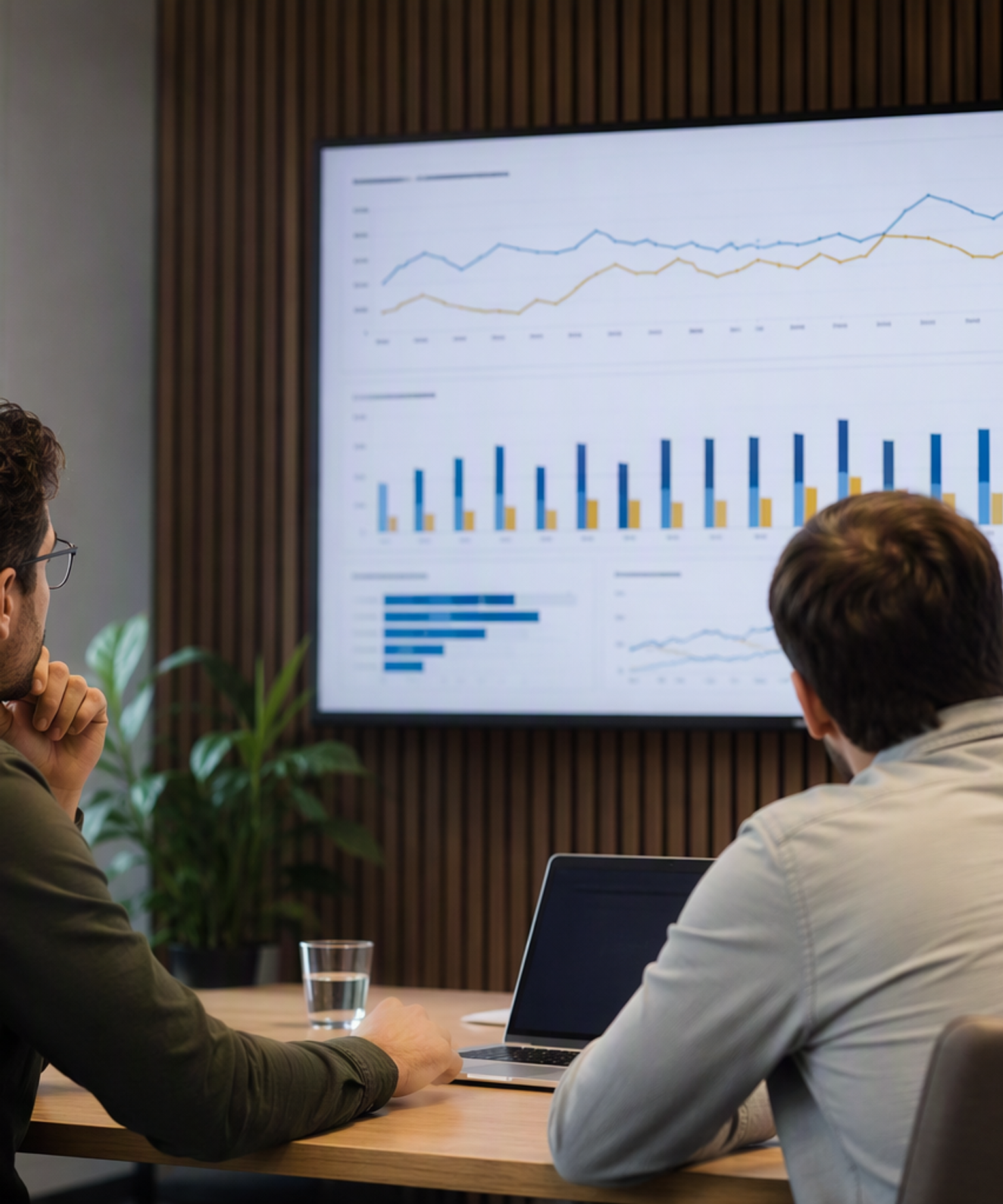 Twee professionals die kijken naar een scherm met Power BI