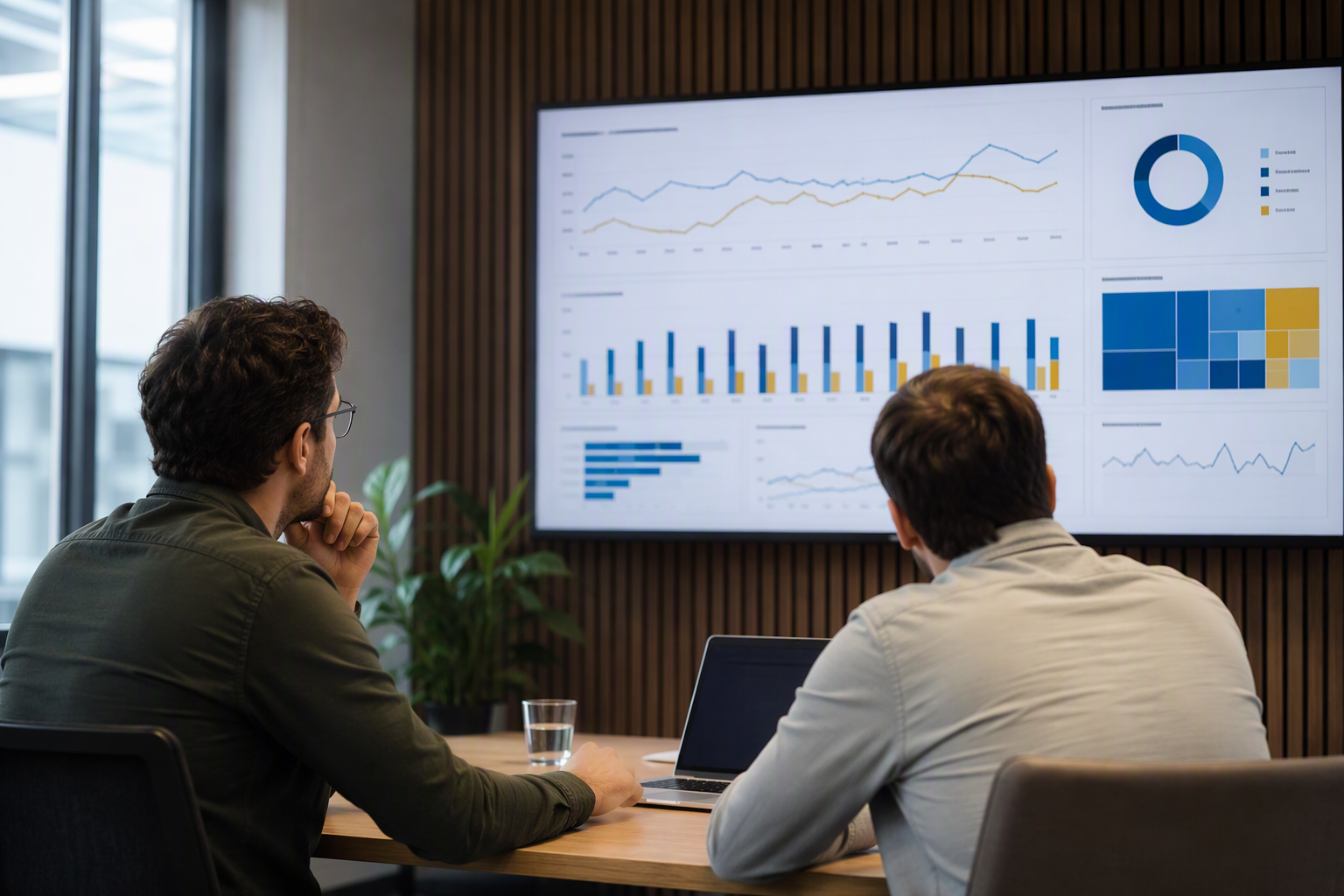 Twee professionals die kijken naar een scherm met Power BI