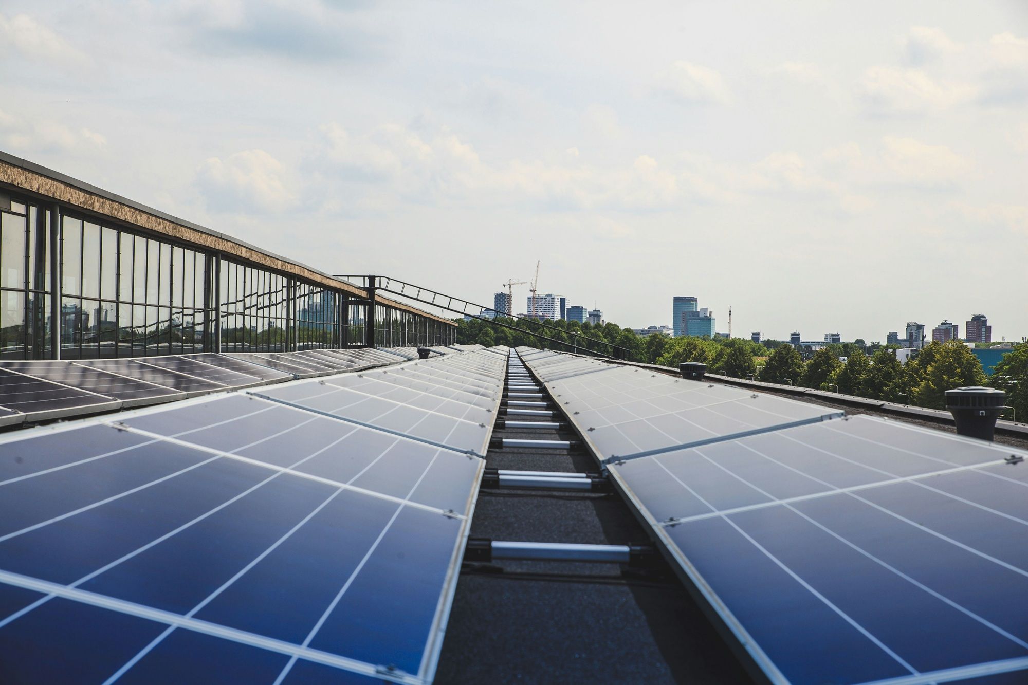 Dak van een bedrijf met zonnepanelen