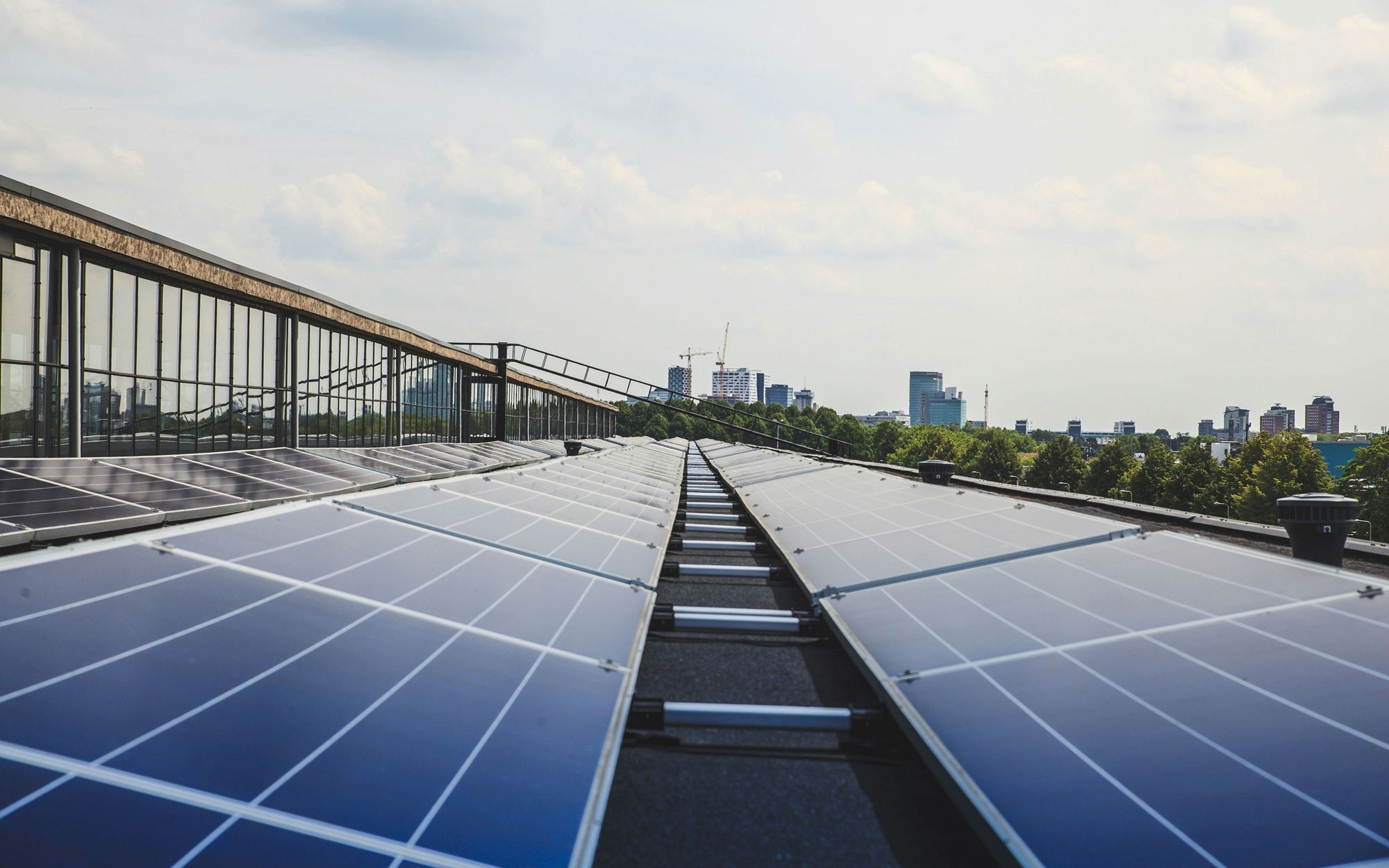 Dak van een bedrijf met zonnepanelen