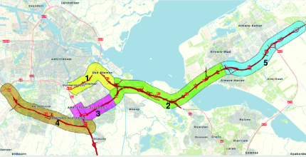 Kaart met gekleurde routemarkering door Noord-Holland gebied