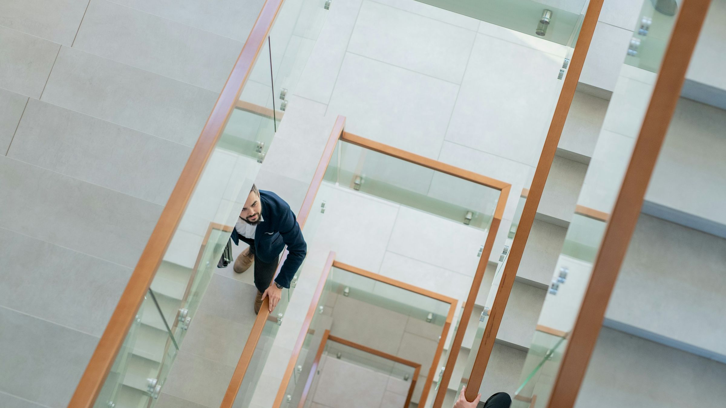 Finance professionals walking down the stairs