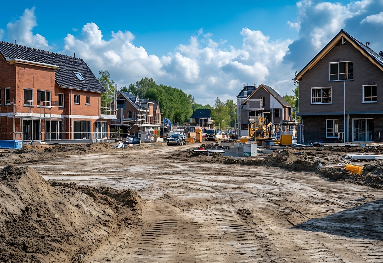 Nieuwbouwwijk in aanbouw met half-afgebouwde woningen, bouwmaterieel en zandpaden onder een blauwe lucht met wolken.