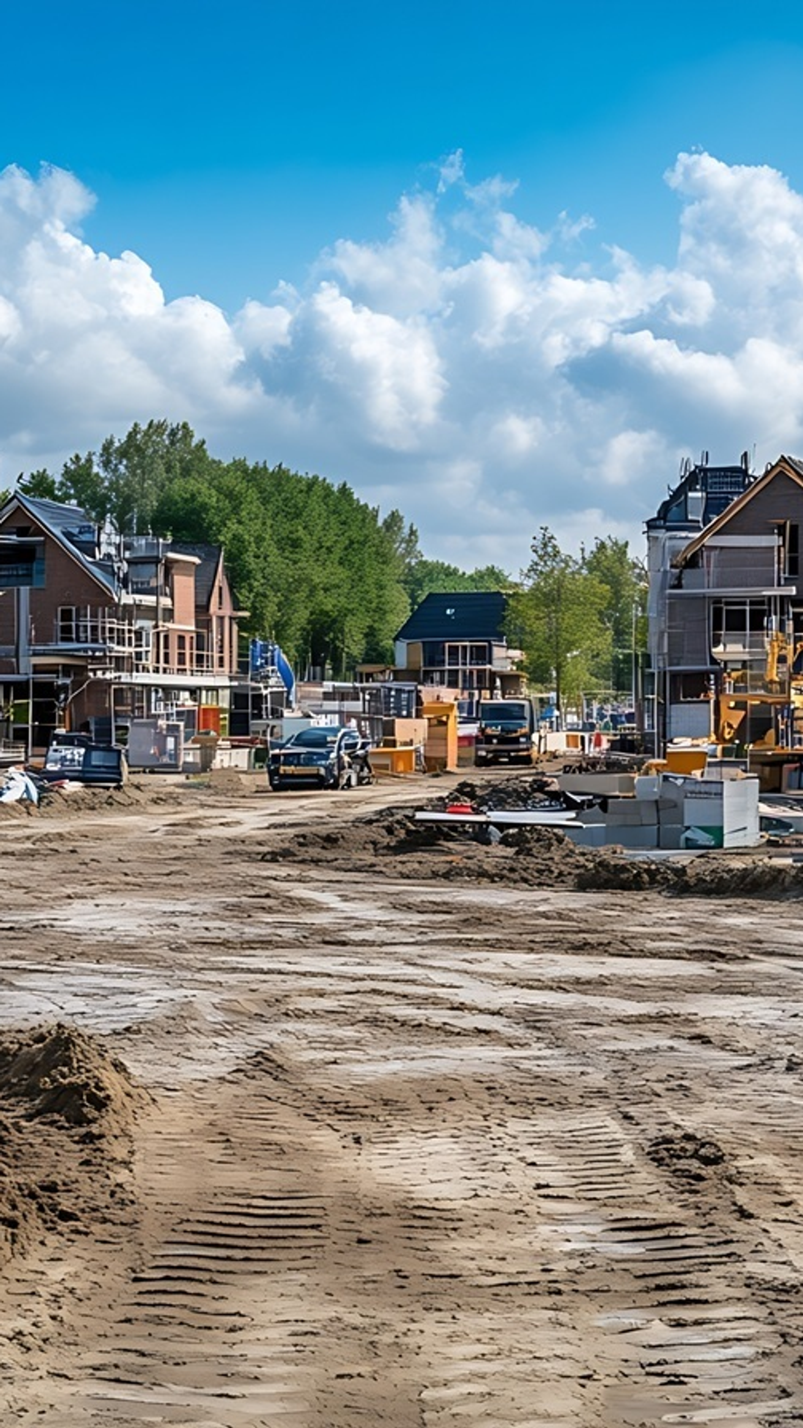 Nieuwbouwwijk in aanbouw met half-afgebouwde woningen, bouwmaterieel en zandpaden onder een blauwe lucht met wolken.