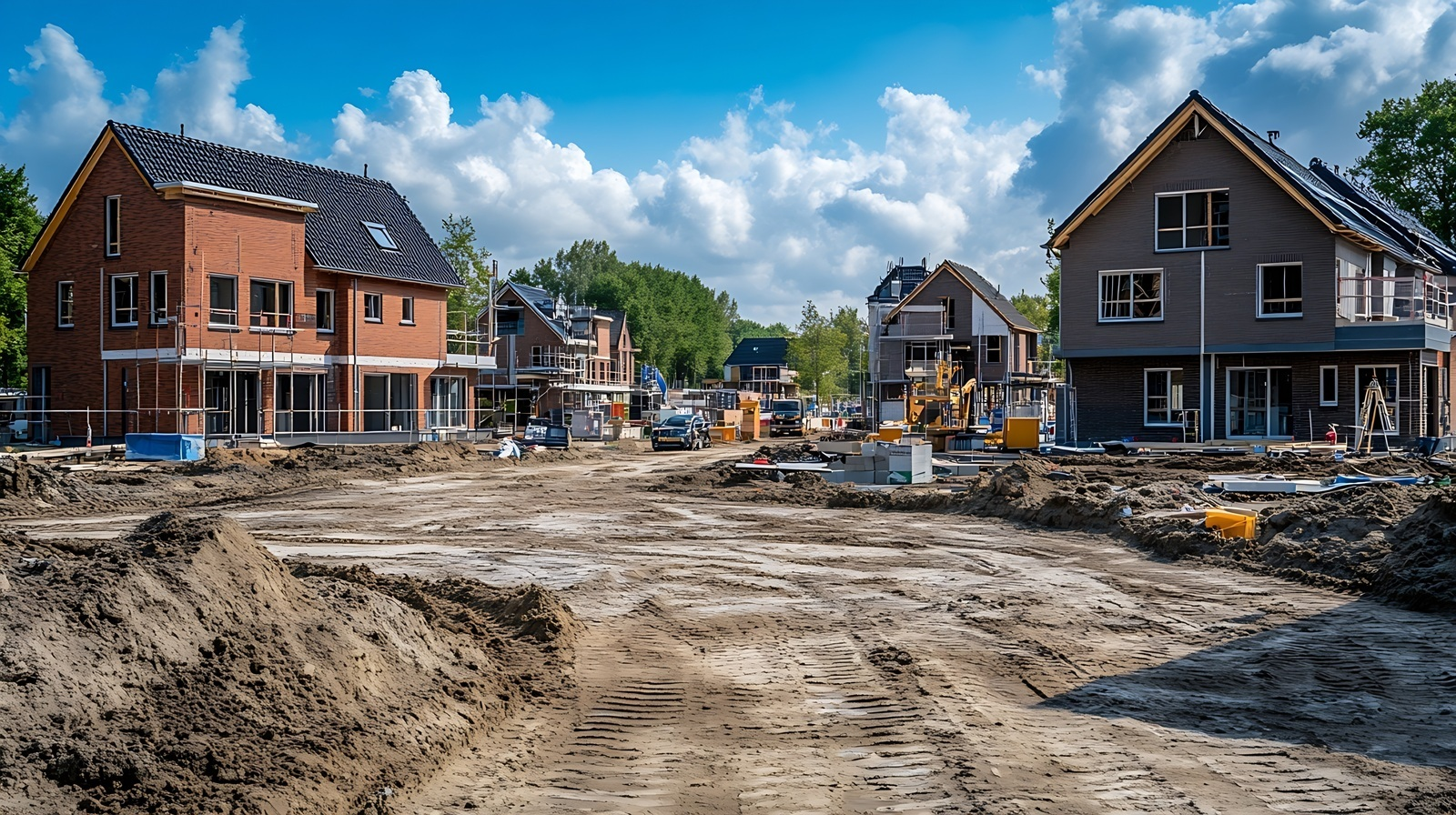 Nieuwbouwwijk in aanbouw met half-afgebouwde woningen, bouwmaterieel en zandpaden onder een blauwe lucht met wolken.