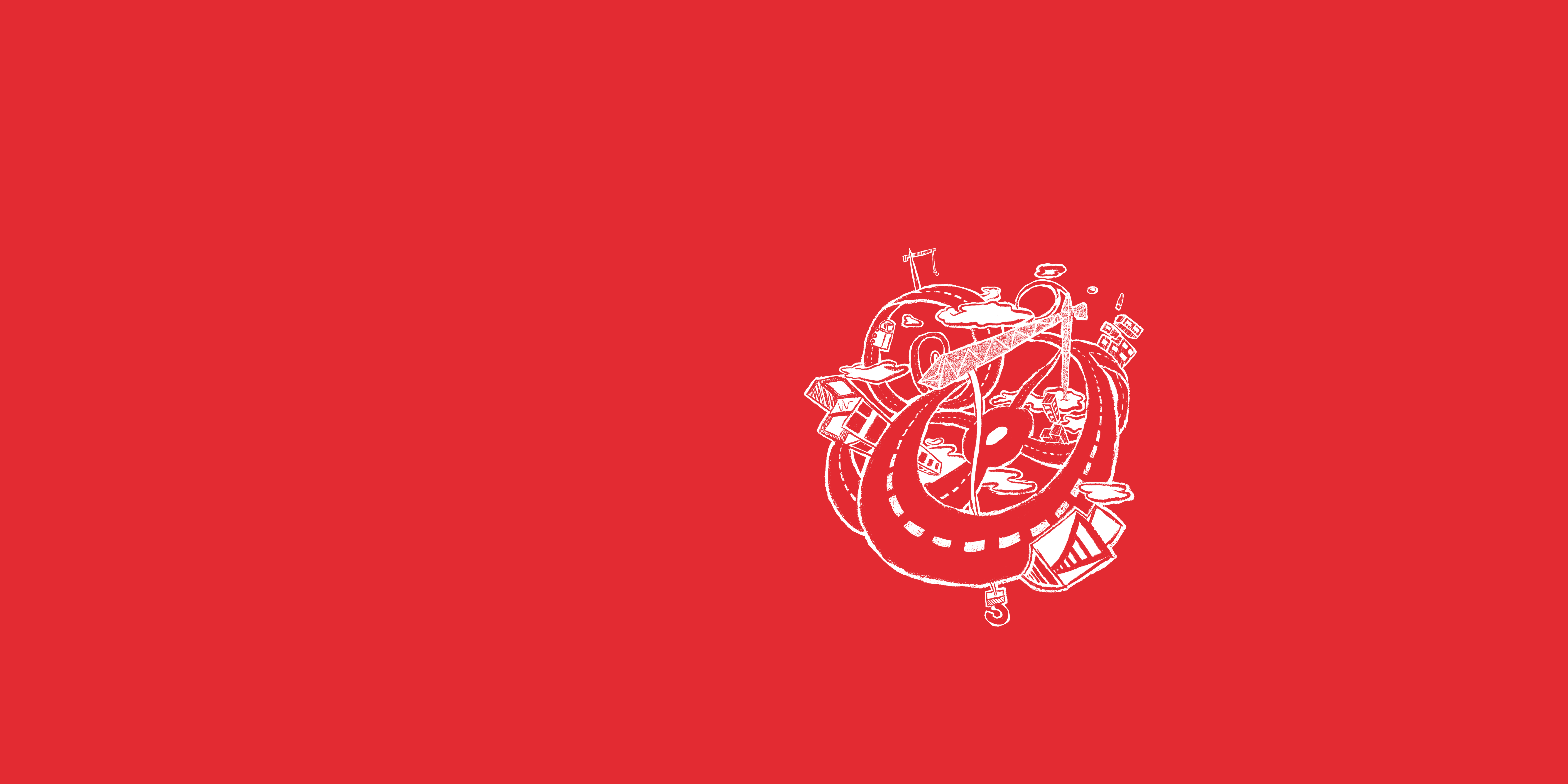 Een rode achtergrond met een abstracte illustratie van wegen met gebouwen en een kraan.