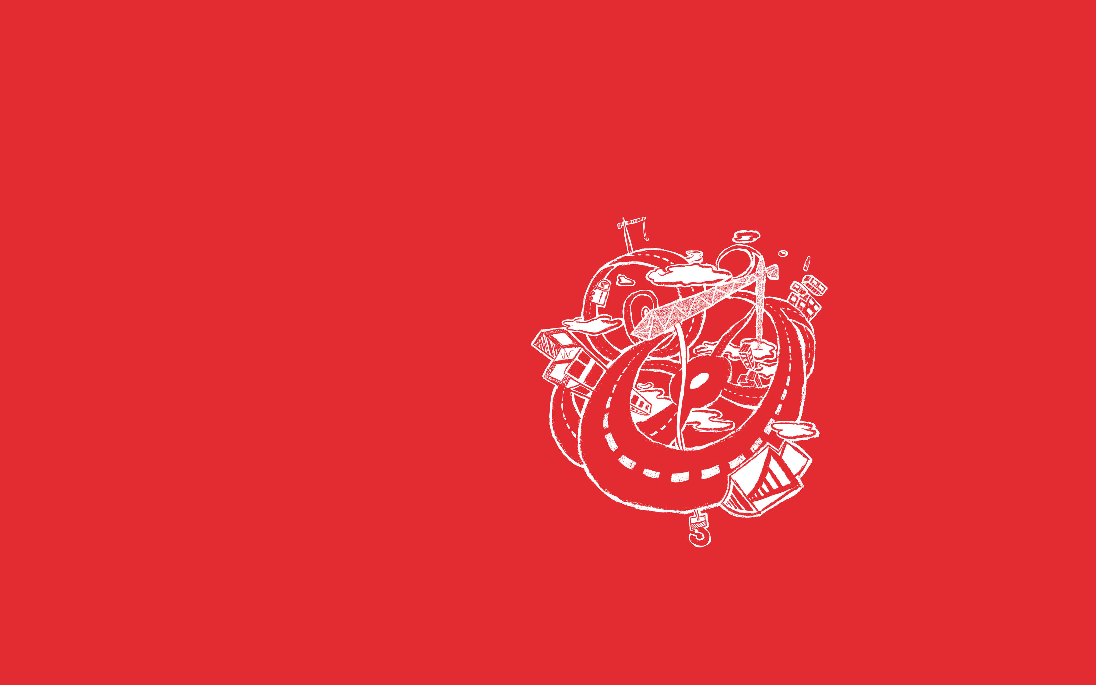 Een rode achtergrond met een abstracte illustratie van wegen met gebouwen en een kraan.