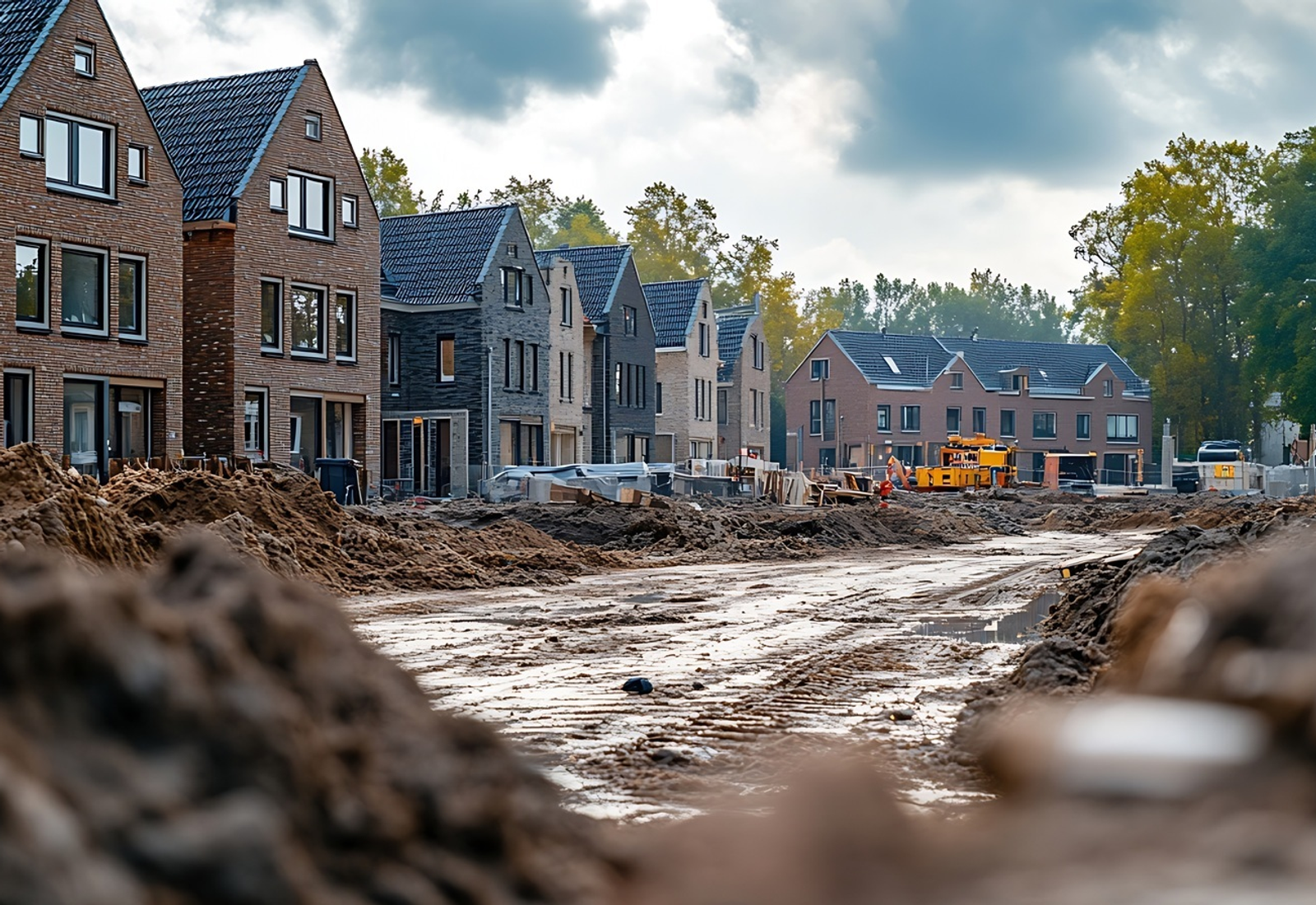 Nieuwbouwwijk in aanbouw met moderne woningen en bouwwerkzaamheden
