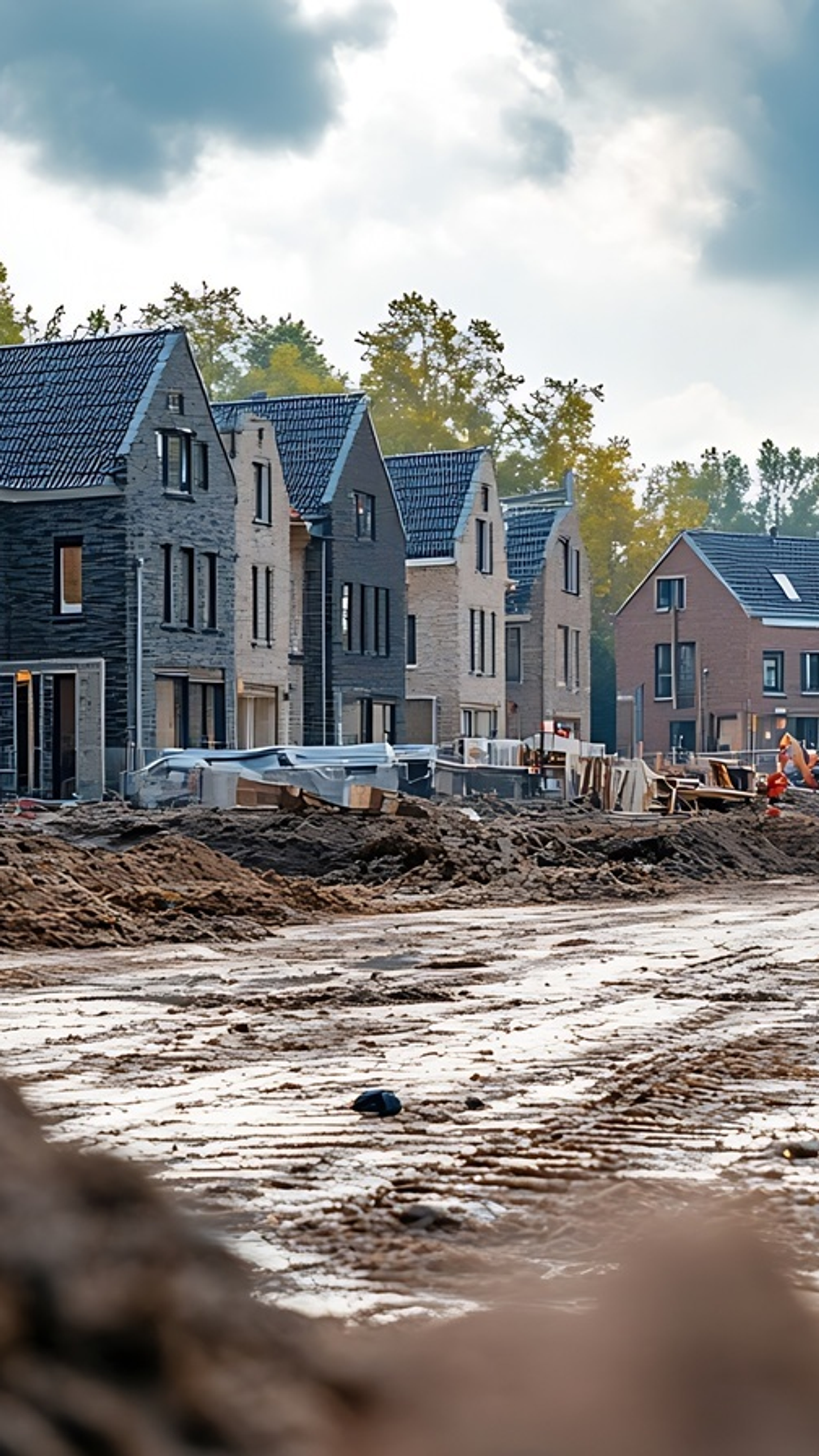 Nieuwbouwwijk in aanbouw met moderne woningen en bouwwerkzaamheden