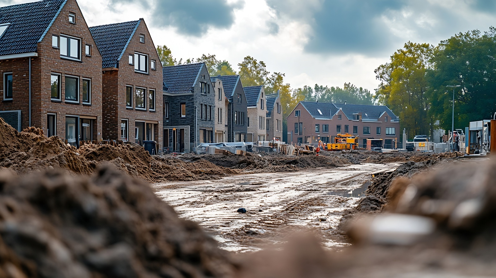 Nieuwbouwwijk in aanbouw met moderne woningen en bouwwerkzaamheden