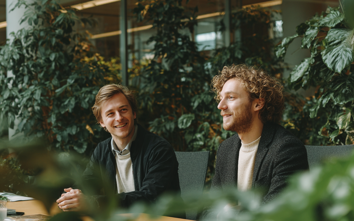 Gedetacheerde professionals in groen kantoorpand