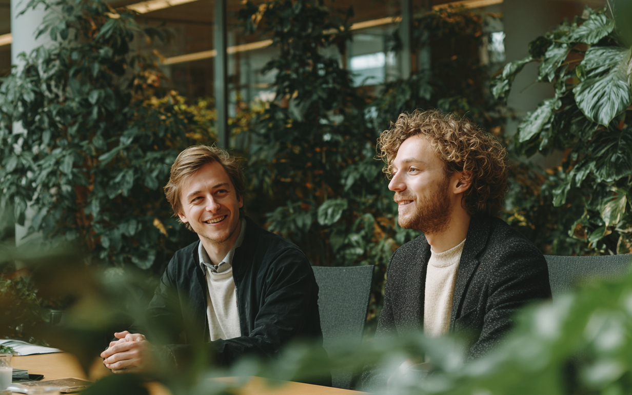 Professionals in een groene kantoortuin