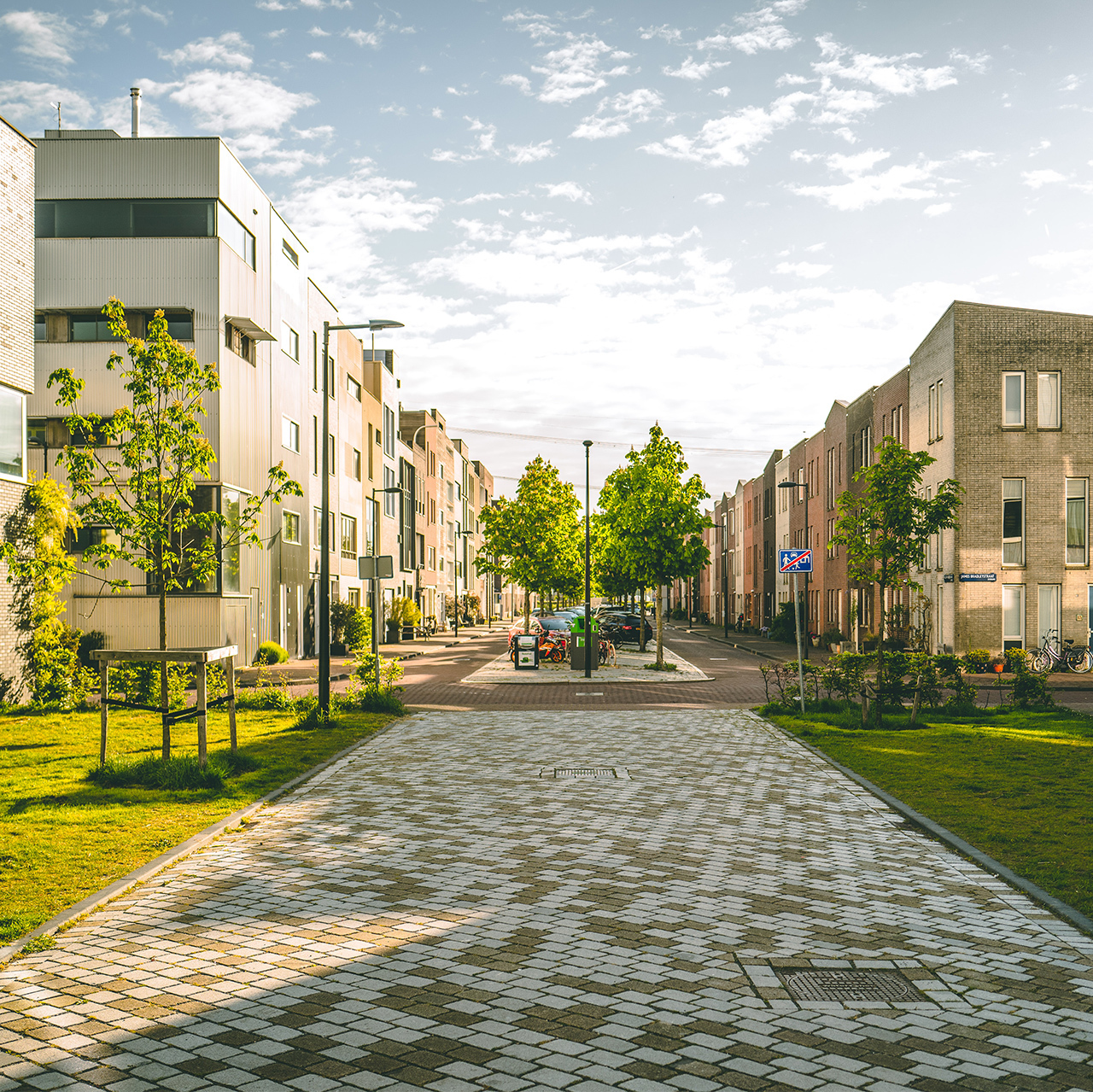 Moderne woonwijk met brede straat, jonge bomen, geparkeerde auto’s en eigentijdse bebouwing onder een deels bewolkte lucht.