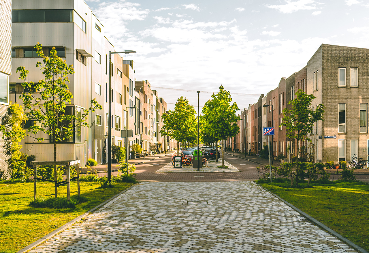 Moderne woonwijk met brede straat, jonge bomen, geparkeerde auto’s en eigentijdse bebouwing onder een deels bewolkte lucht.