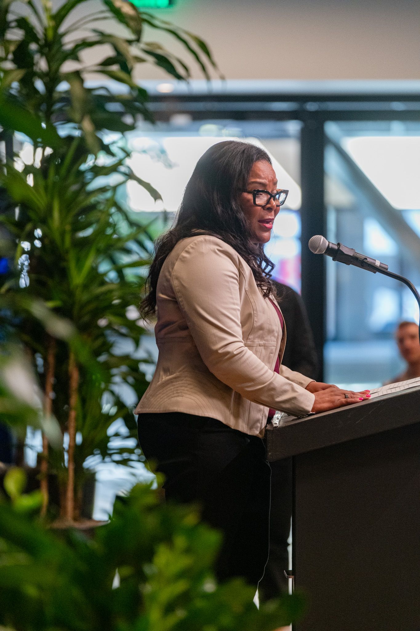 Felicia Mayo, Head of People at Block, speaking at the Uptown Market opening.