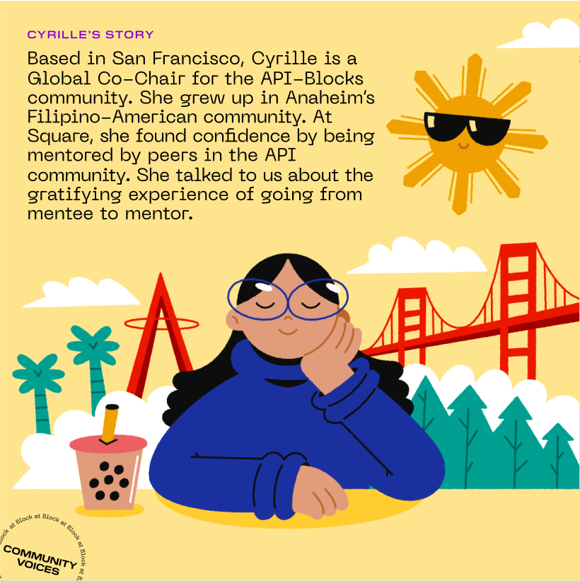 Image of a “Community Voices” social media post that includes an illustration of a woman, golden gate bridge, boba tea, trees, sun and text from the post.