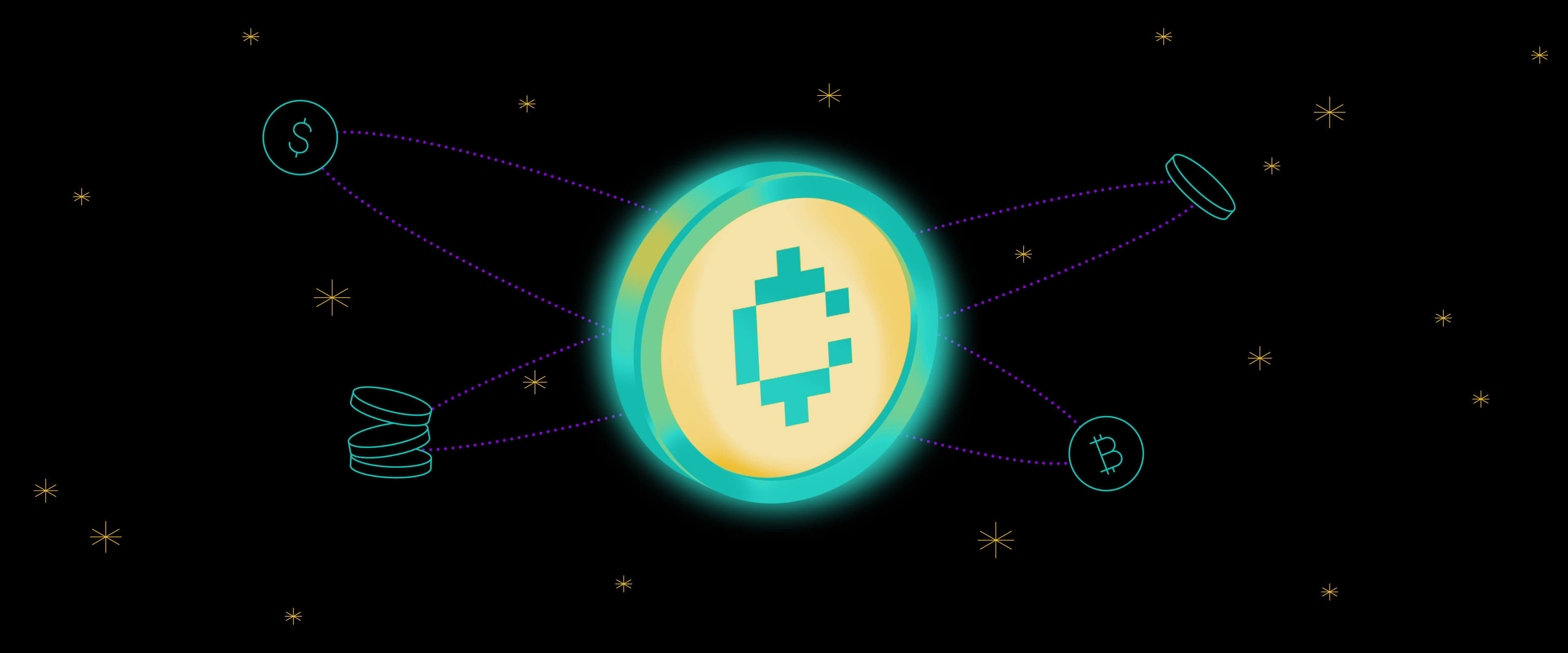Large neon coin illustration atop orbit on black background