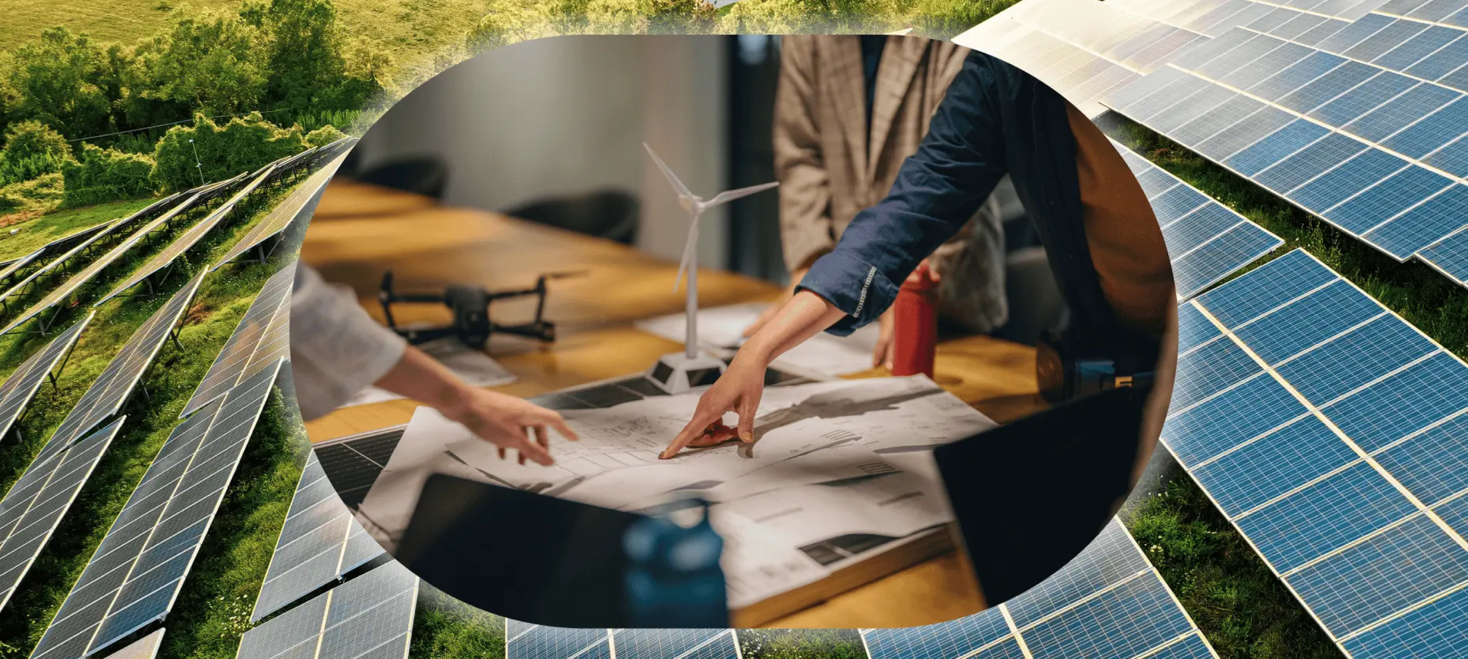 A close-up of people pointing at a paper, overlaid on a photo of solar panels. 