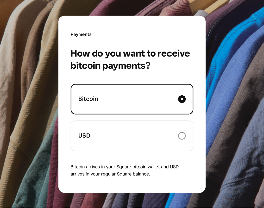 square product ui displaying option to receive bitcoin payments