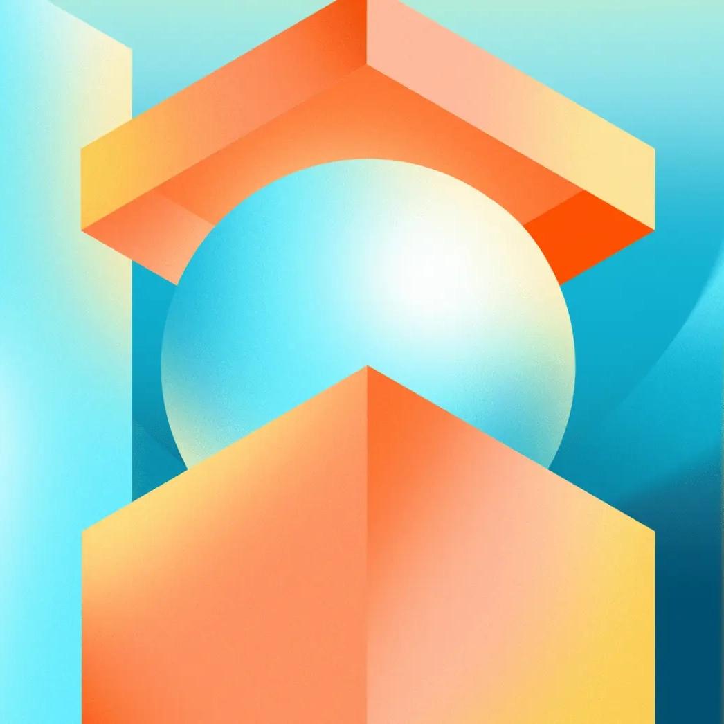 An illustration of a three-dimensional sphere sandwiched between a medium-width three-dimensional cube and a small-width three-dimensional cube.