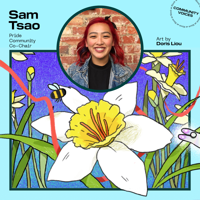 Image of a “Community Voices” social media post that includes an image of a person with an illustration of flowers and a bee.