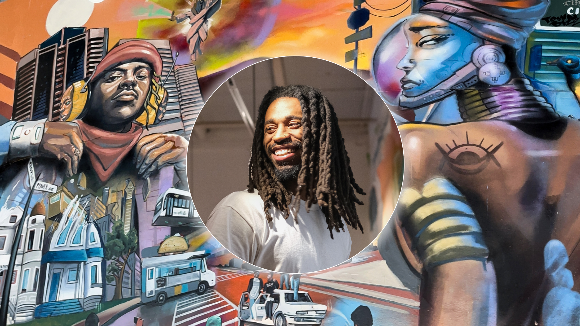 A colorful mural overlain with a headshot of a man smiling.