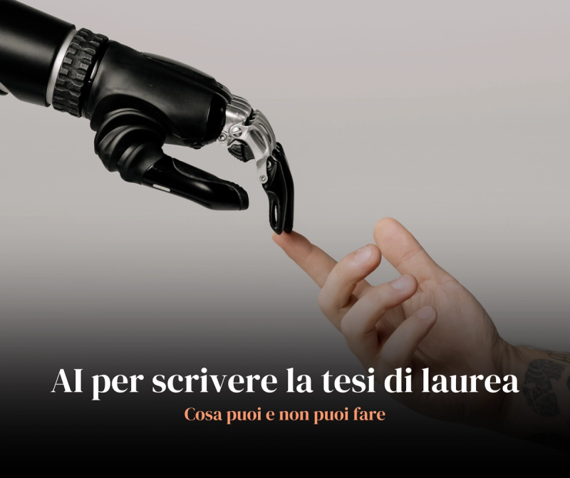 Studente con robot AI durante la scrittura della tesi di laurea, guida a ChatGPT, antiplagio e AI detector