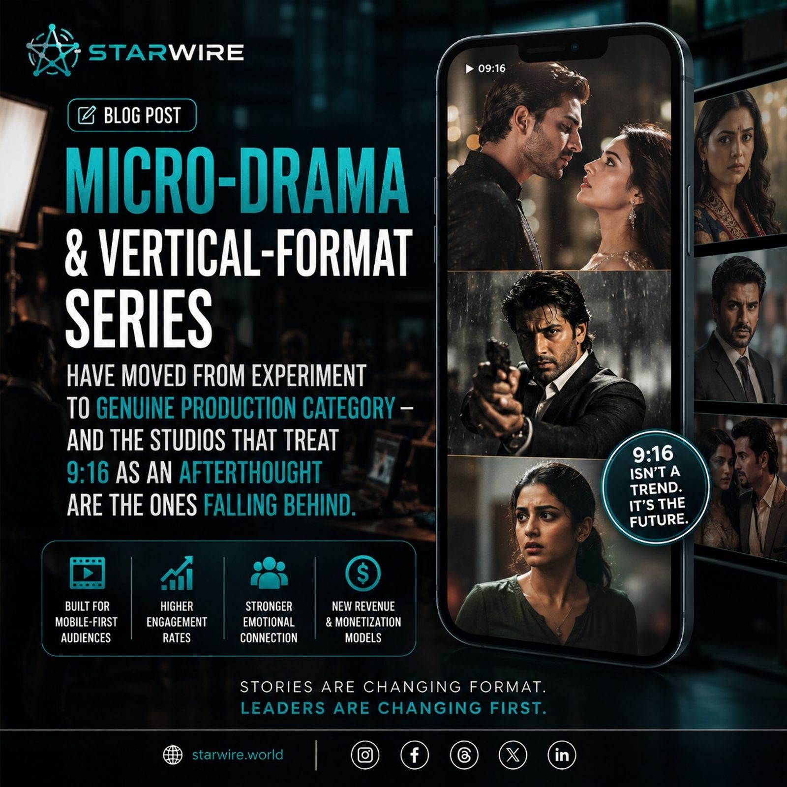 Film posters from Starwire Studio's finished projects, displayed in a scrolling wall