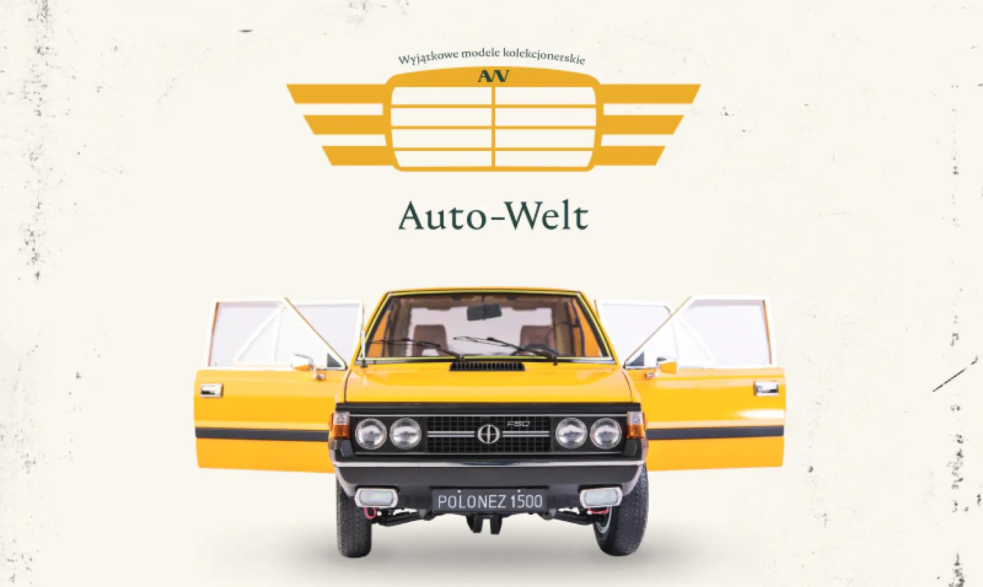 Front żółtego poloneza z otwartymi drzwiami, nad nim napis Auto-Welt i żółto-zielone logo Auto-Welt