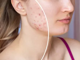 Close-up of a woman’s cheek showing before and after results of an acne peel treatment, with visibly reduced inflammation and clearer skin