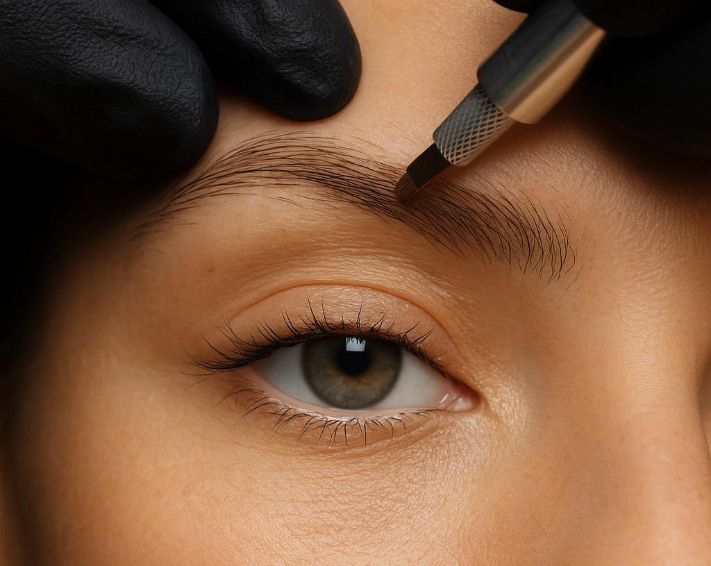 Close-up of microblading treatment in Berlin, showing precise hair-stroke technique for natural-looking eyebrows
