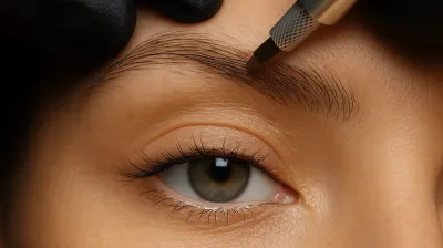 Nahaufnahme einer Microblading-Behandlung in Berlin, die eine präzise Haarstrich-Technik für natürlich aussehende Augenbrauen zeigt