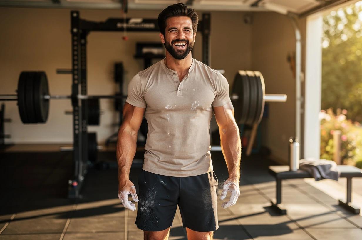A lean, energetic man around thirty-five laughs between sets in a well-lit garage gym, chalk on his hands, a loaded barbell on the rack behind him.