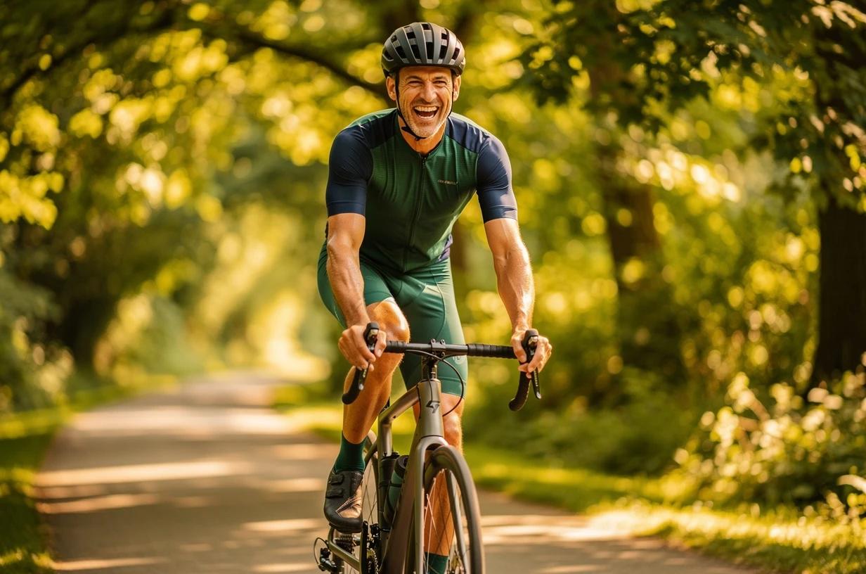 A happy, energetic man in his early 40s smiling while cycling on a sunlit trail through a green park, wearing athletic gear and a helmet.