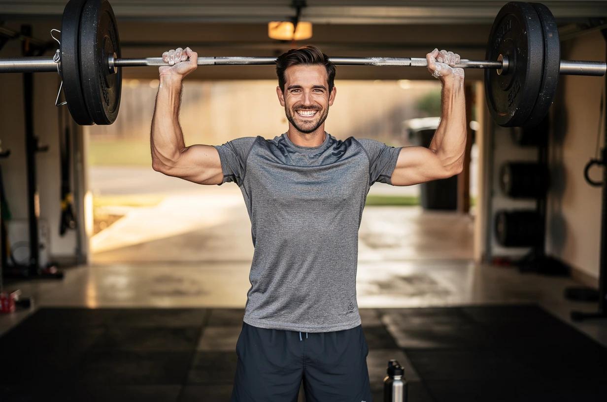 A energetic man in his late 30s grins while lifting a barbell overhead in a sunlit home garage gym, chalk on his hands and a water bottle on the floor beside him.