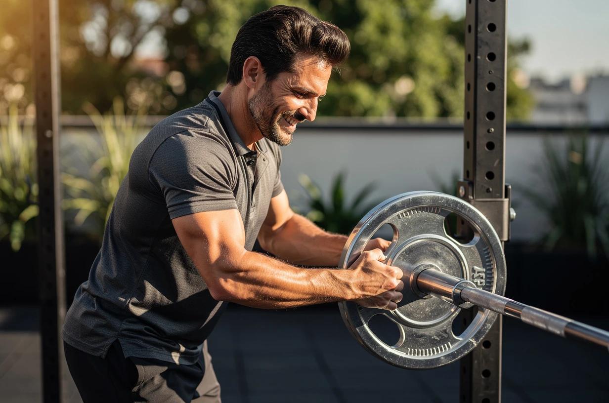 A man in his late 30s grins while loading a barbell at an outdoor strength training setup on a sunny morning, his focus sharp and energy evident.