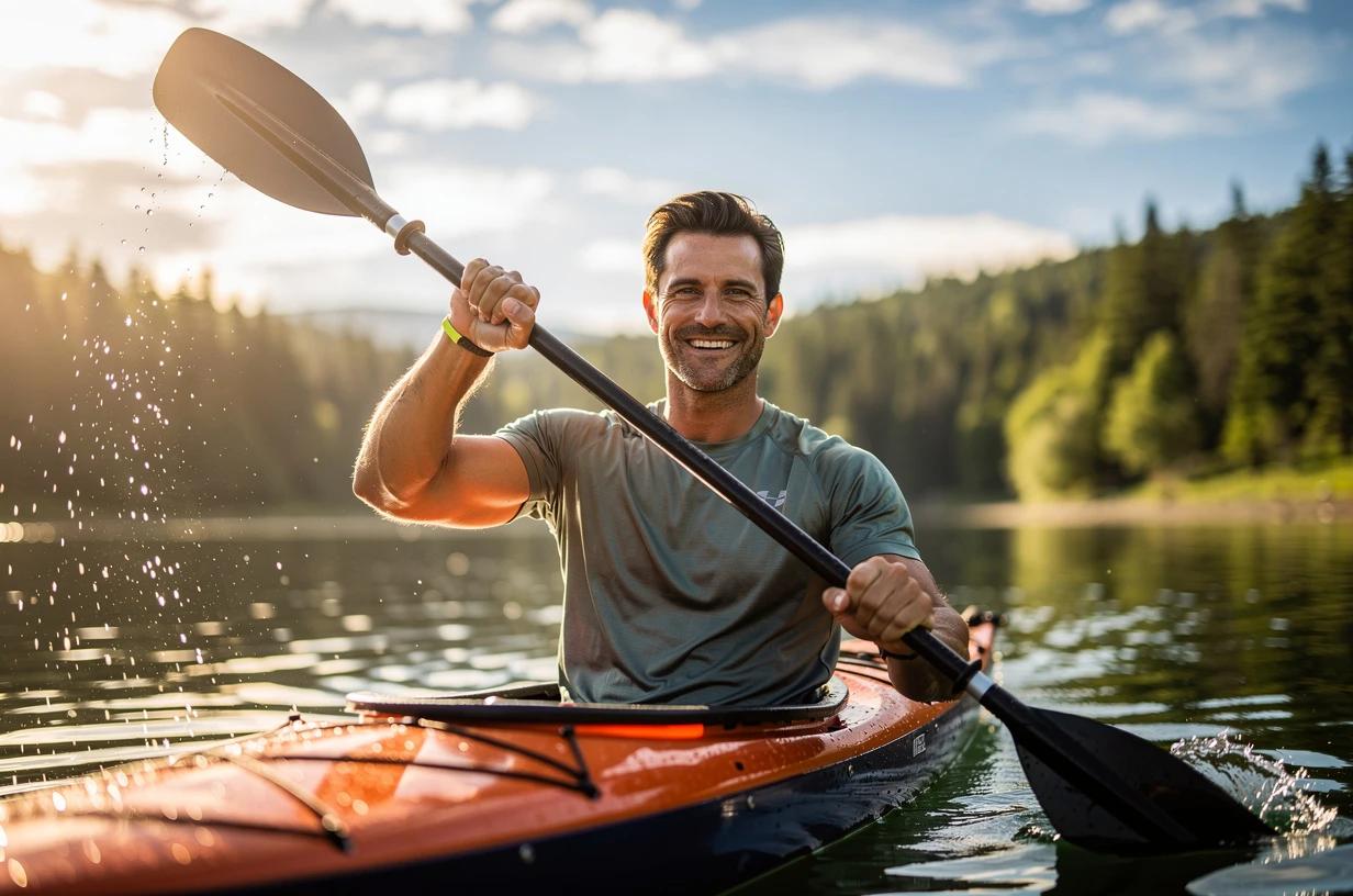 A smiling man in his early 40s rowing a kayak on a sunlit lake, paddle raised mid-stroke, wearing a light outdoor shirt.