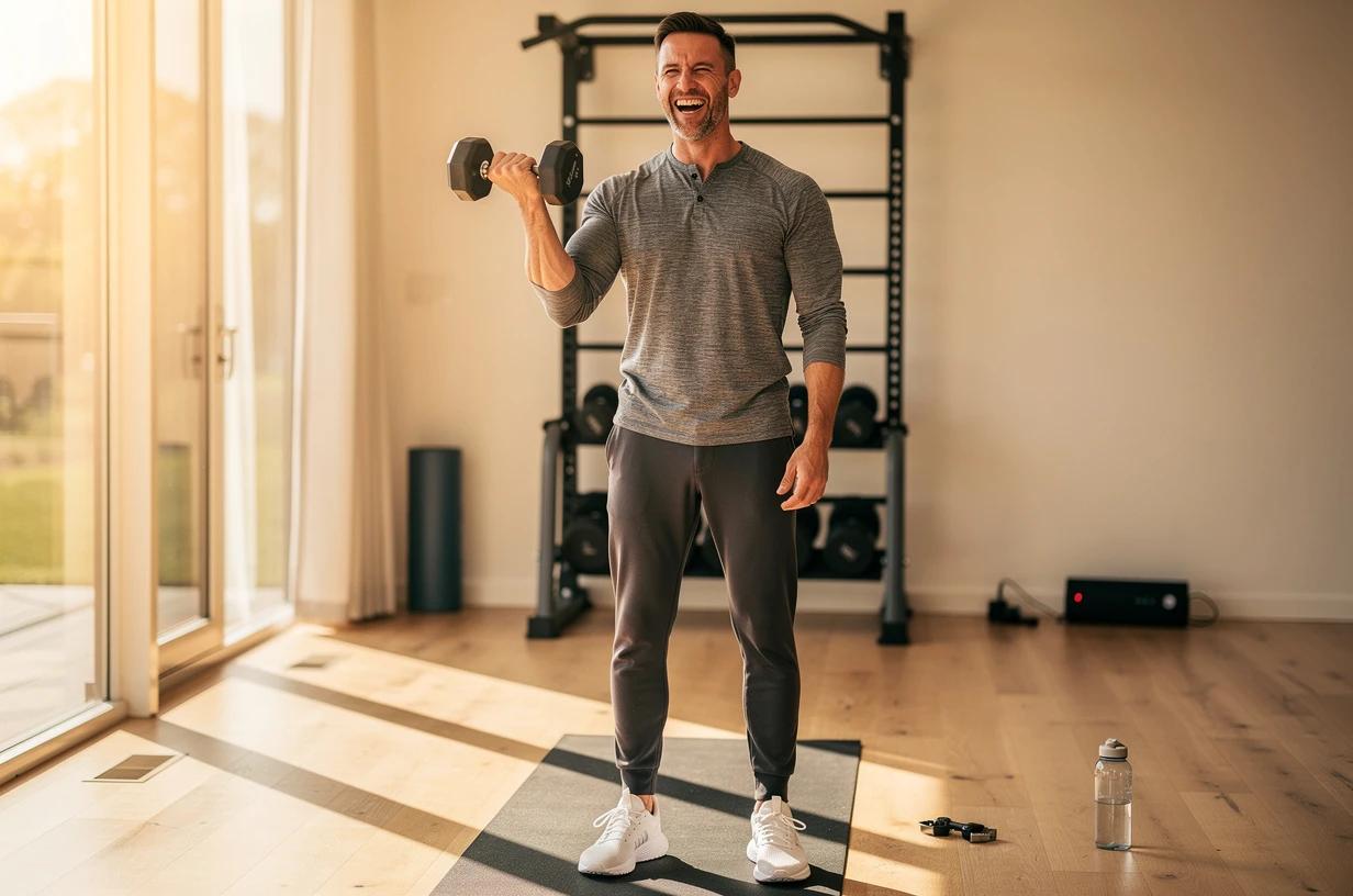 A fit man in his early 40s grins while lifting dumbbells in a bright, window-lit home gym, mid-rep and clearly energized.