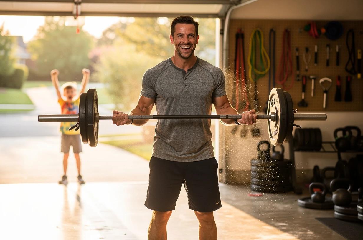 A lean, energetic man in his mid-thirties lifts a barbell in a bright, well-equipped home garage gym, laughing mid-rep as his young son cheers from the doorway.